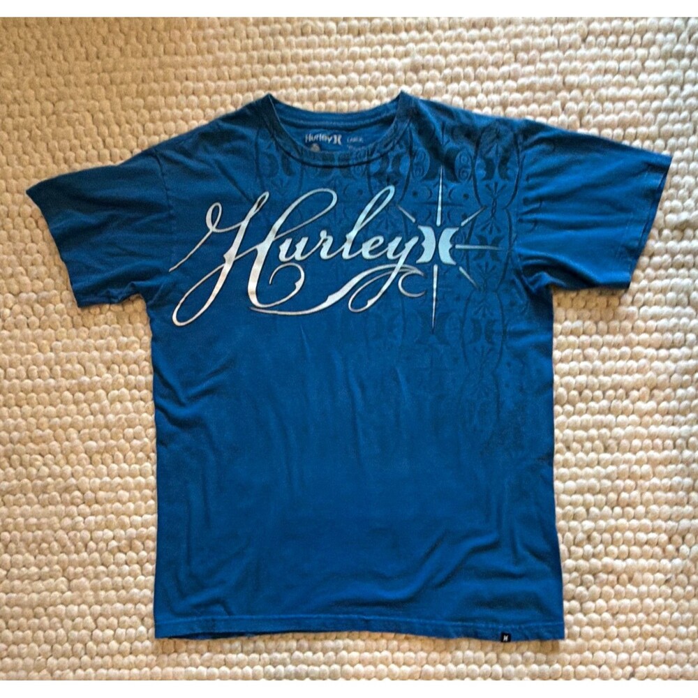 Hurley Men’s Blue Graphic Logo Cotton Knit Crew Neck T-Shirt Short Sleeve L